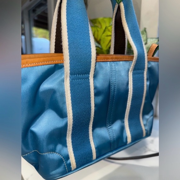 Mini Coach Blue Satin Tote with Green Leather Patch - Picture 2 of 4